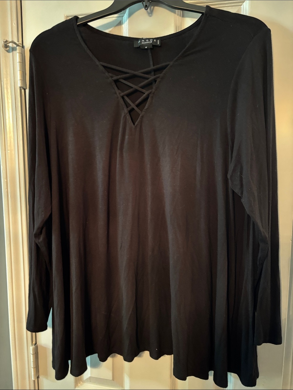 Grace Black Lace-Up Neck Heavier Weight Long Sleeve Swing Top